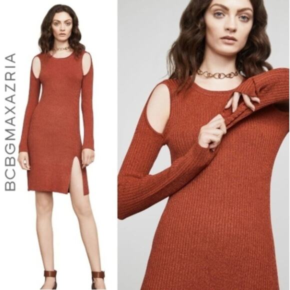 BCBGMAXAZRIA Rust Ribbed Knit Long Sleeve Dress‎ Cutout Shoulder Slit - Picture 1 of 7